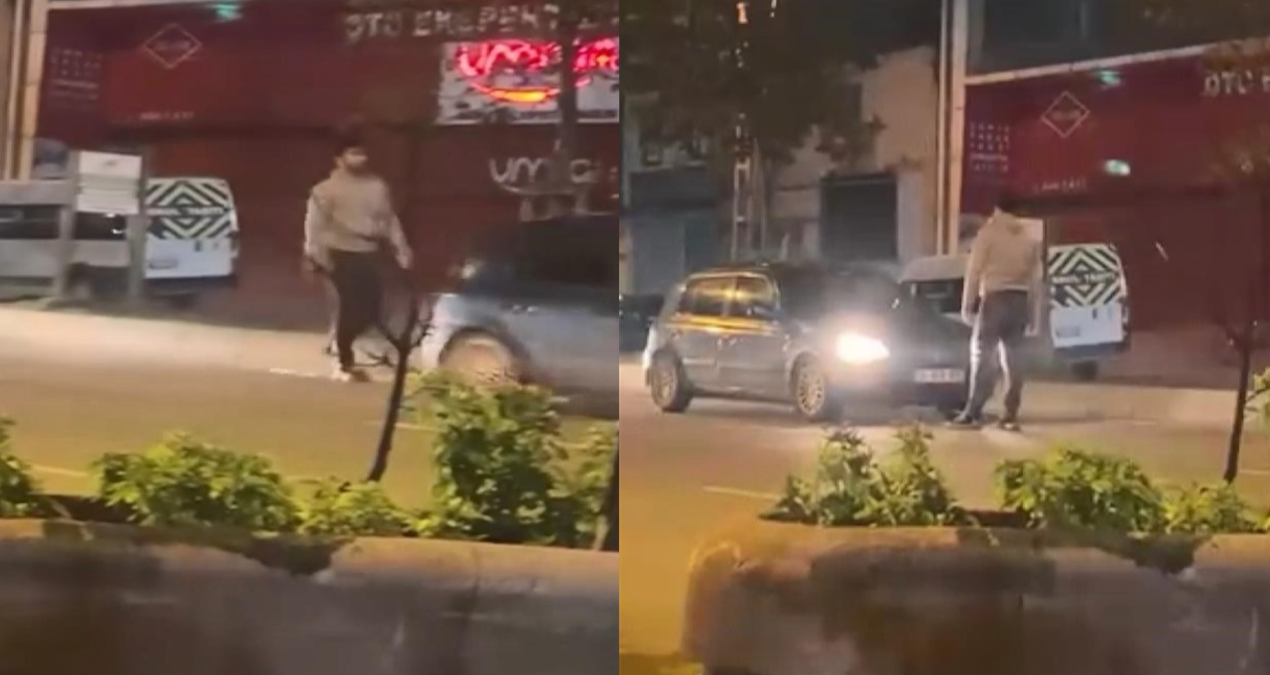 yolda ilerleyen araca yumruk atti uyaranlara bicak cekti v7KZ1EM1